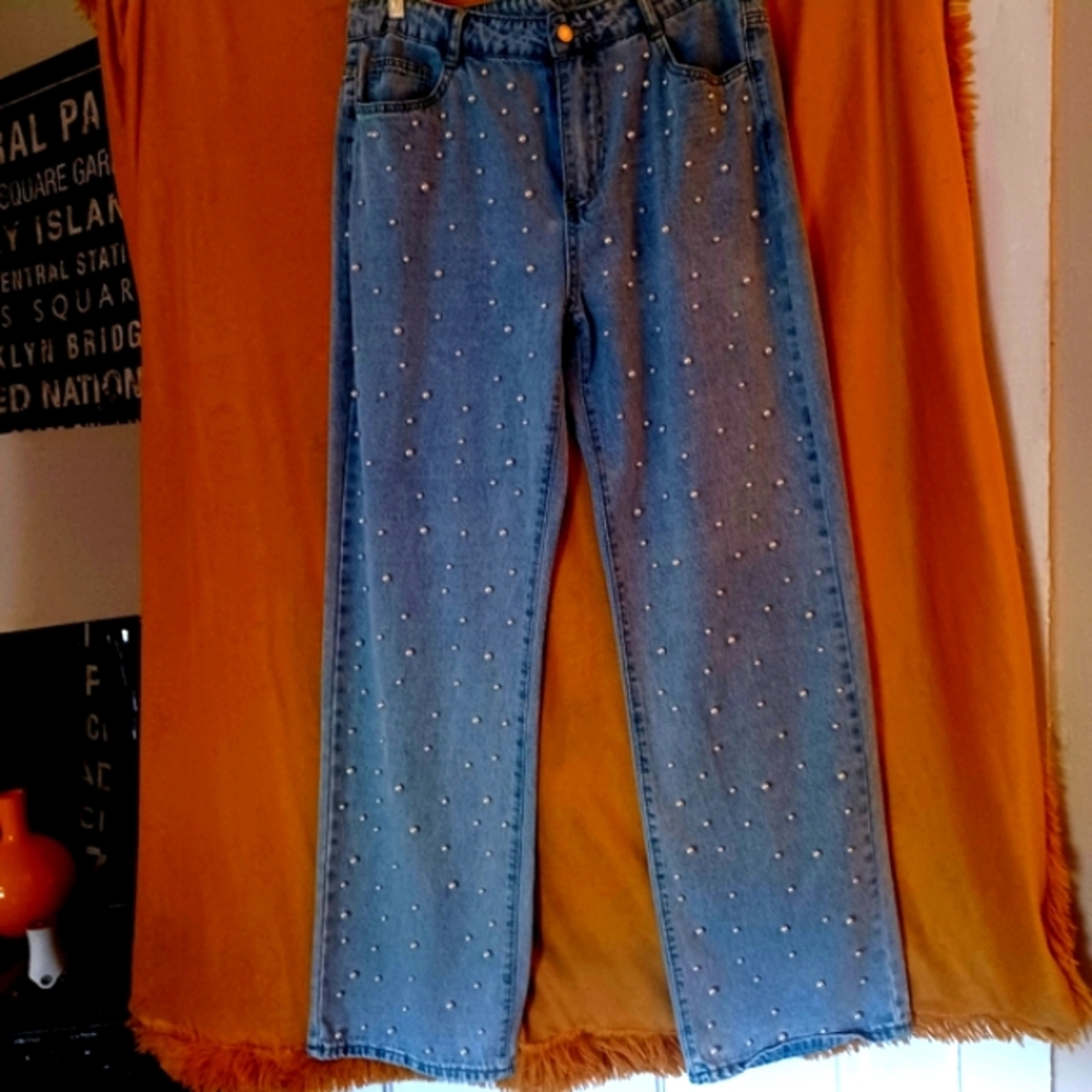 JEANS W PEARLS Boho Denim Light Wash Wide-leg High Rise XL